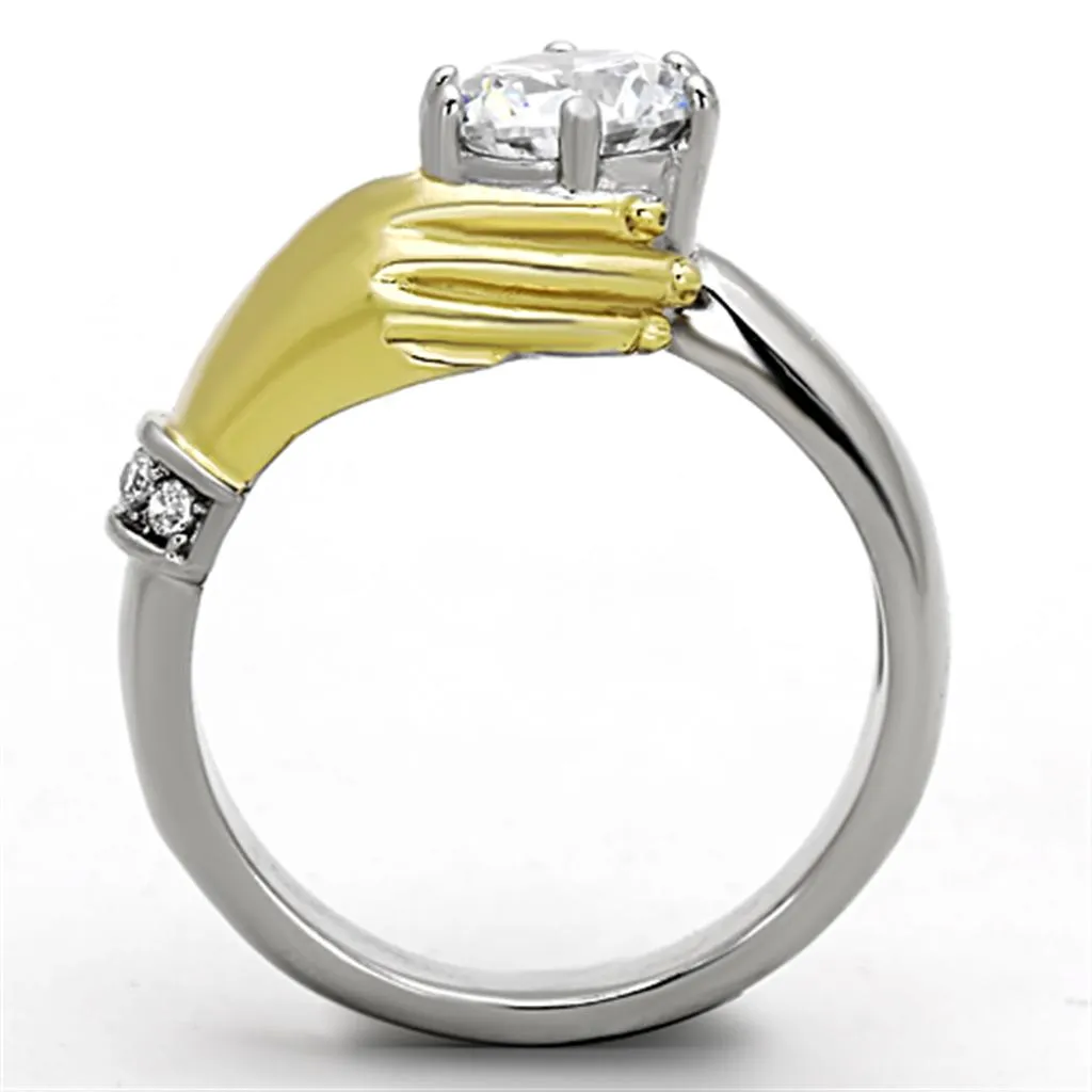 Two-Tone IP Gold (Ion Plating) Stainless Steel Ring with AAA Grade CZ in Clear for Women Style TK1324