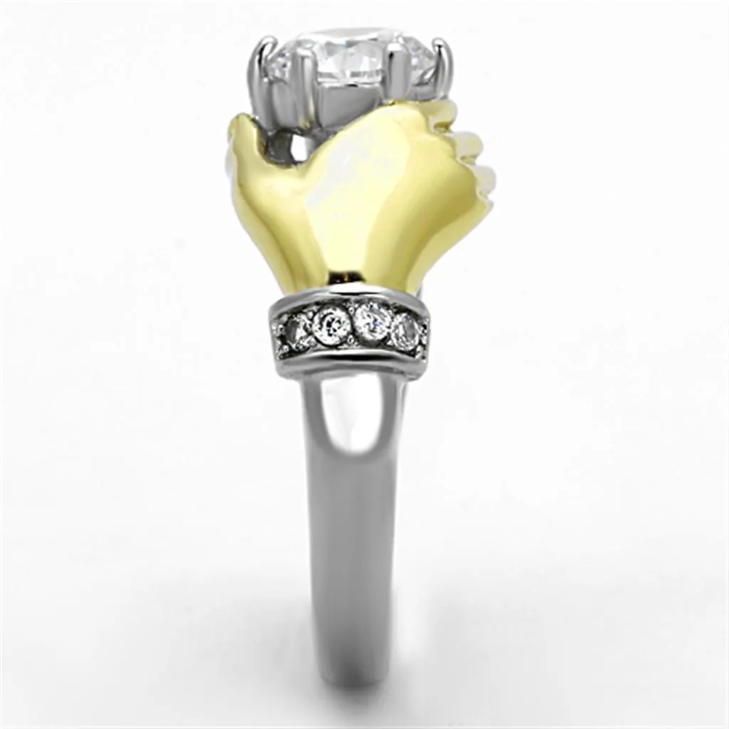 Two-Tone IP Gold (Ion Plating) Stainless Steel Ring with AAA Grade CZ in Clear for Women Style TK1324