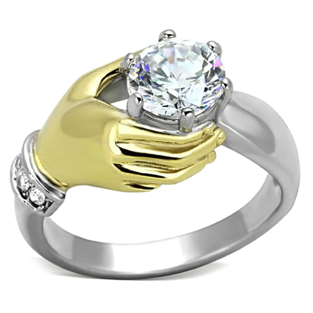 Two-Tone IP Gold (Ion Plating) Stainless Steel Ring with AAA Grade CZ in Clear for Women Style TK1324