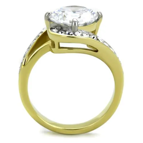 Two-Tone IP Gold (Ion Plating) Stainless Steel Ring with AAA Grade CZ in Clear for Women Style TK1911