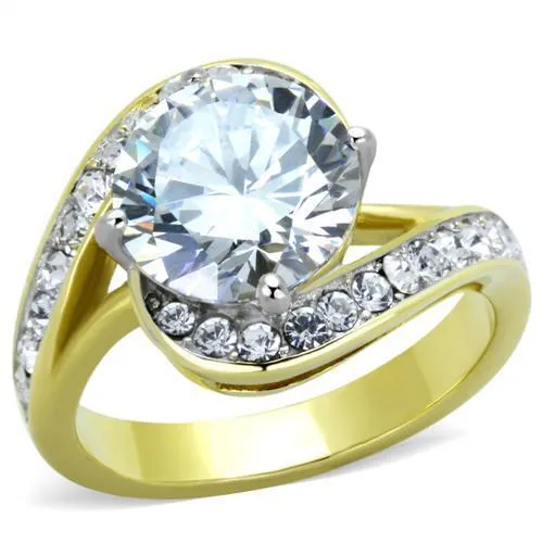 Two-Tone IP Gold (Ion Plating) Stainless Steel Ring with AAA Grade CZ in Clear for Women Style TK1911