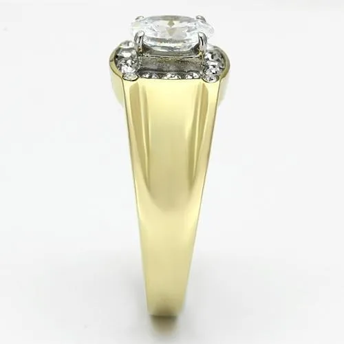 Two-Tone IP Gold (Ion Plating) Stainless Steel Ring with AAA Grade CZ in Clear for Women Style TK758