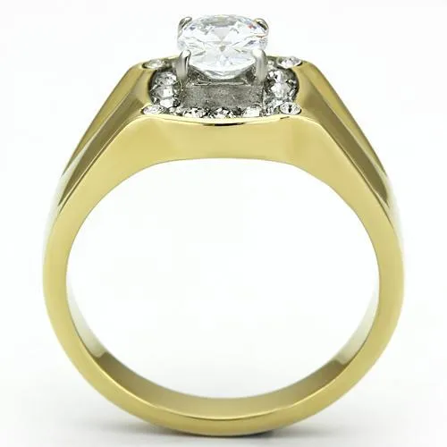 Two-Tone IP Gold (Ion Plating) Stainless Steel Ring with AAA Grade CZ in Clear for Women Style TK758