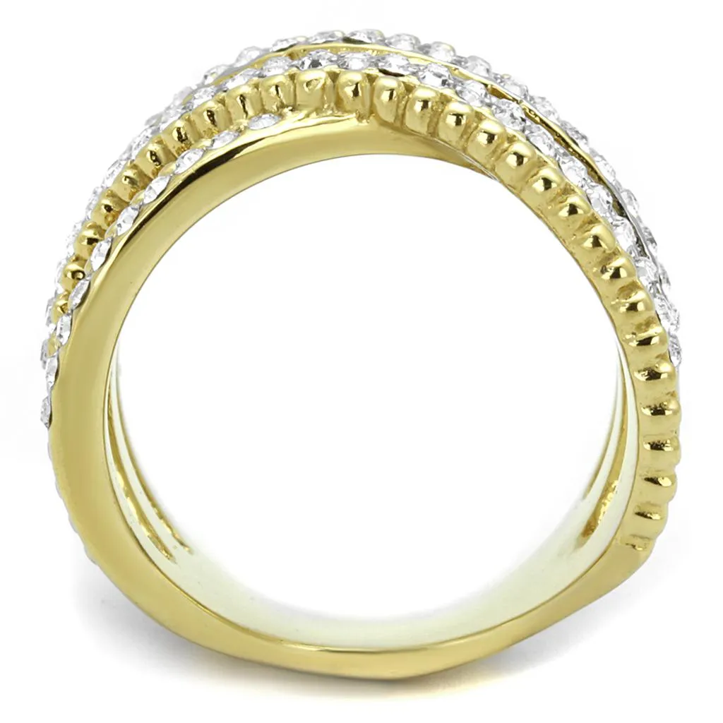 Two-Tone IP Gold (Ion Plating) Stainless Steel Ring with Top Grade Crystal in Clear for Women Style TK2252