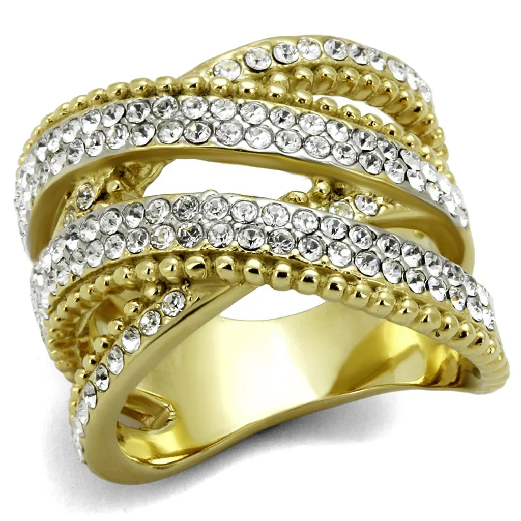 Two-Tone IP Gold (Ion Plating) Stainless Steel Ring with Top Grade Crystal in Clear for Women Style TK2252