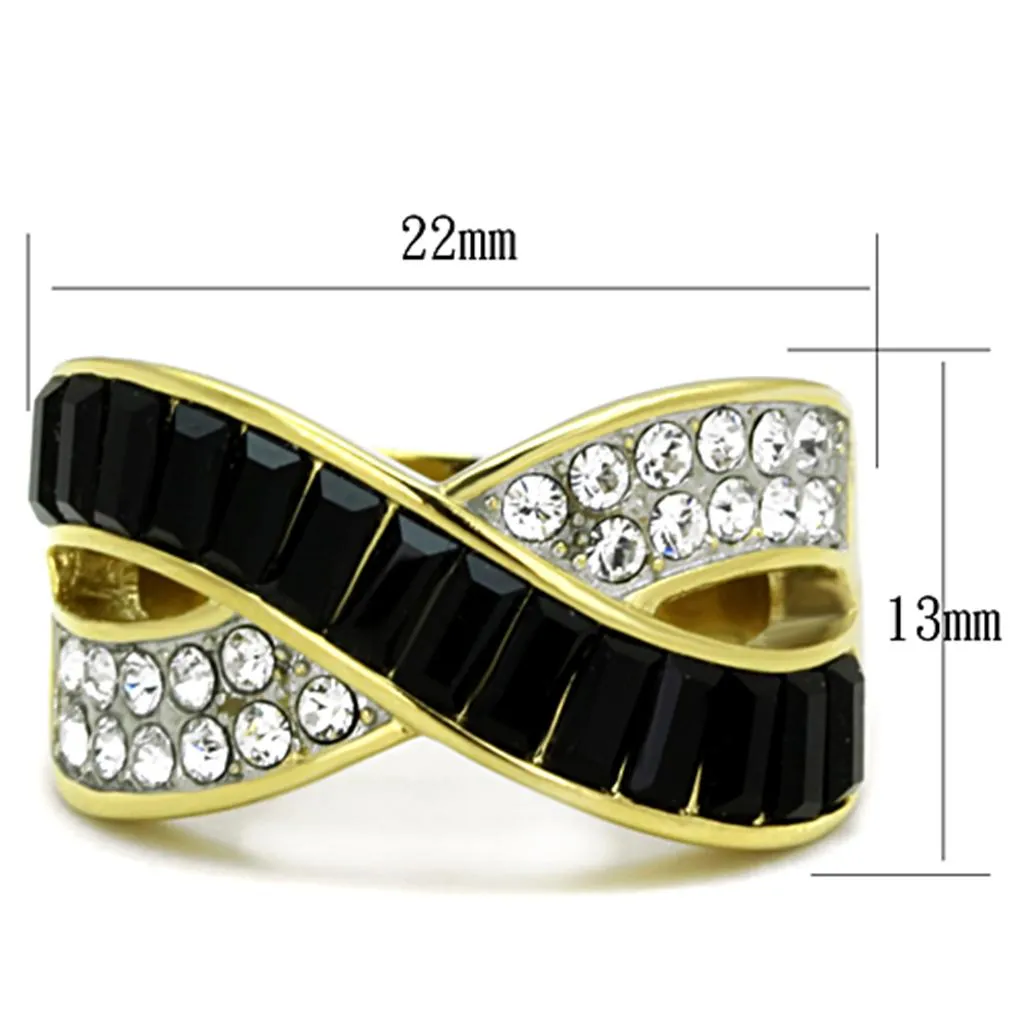 Two-Tone IP Gold (Ion Plating) Stainless Steel Ring with Top Grade Crystal in Jet for Women Style TK1577