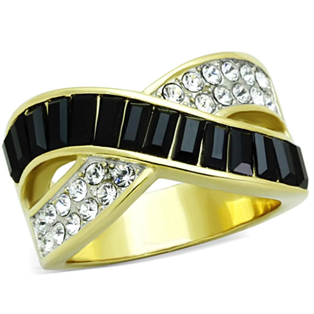 Two-Tone IP Gold (Ion Plating) Stainless Steel Ring with Top Grade Crystal in Jet for Women Style TK1577