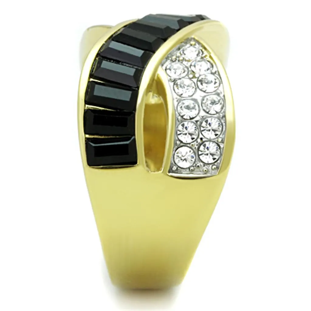 Two-Tone IP Gold (Ion Plating) Stainless Steel Ring with Top Grade Crystal in Jet for Women Style TK1577