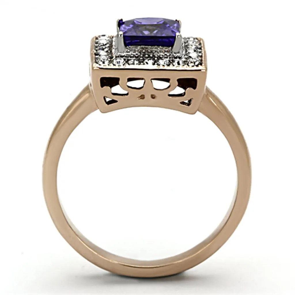 Two-Tone IP Rose Gold Stainless Steel Ring with AAA Grade CZ in Tanzanite for Women Style TK1162