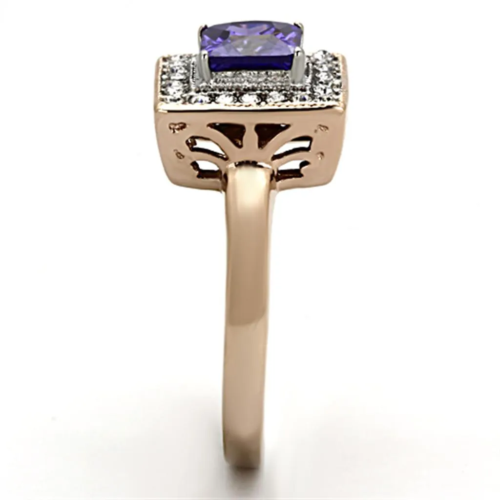 Two-Tone IP Rose Gold Stainless Steel Ring with AAA Grade CZ in Tanzanite for Women Style TK1162