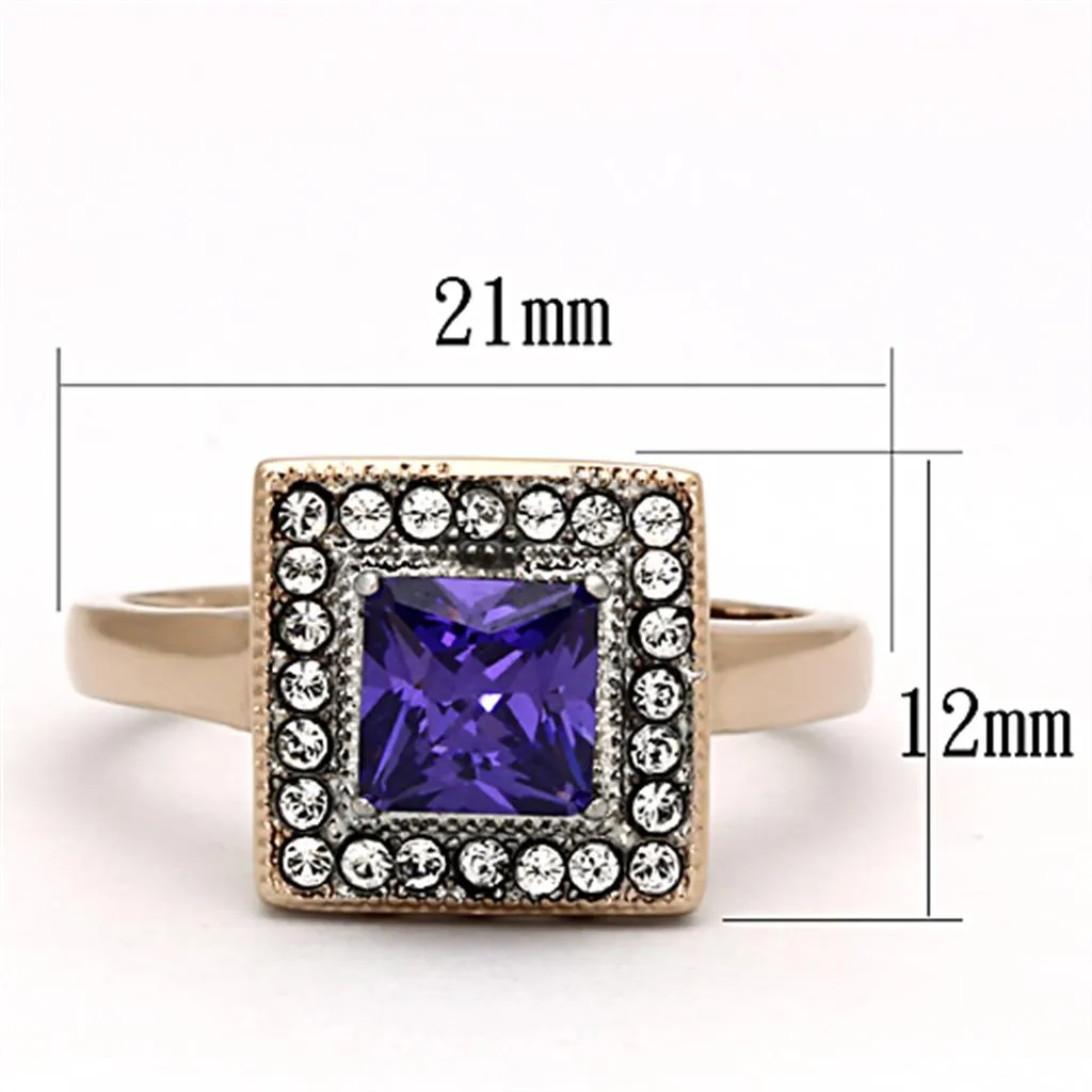 Two-Tone IP Rose Gold Stainless Steel Ring with AAA Grade CZ in Tanzanite for Women Style TK1162