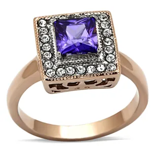 Two-Tone IP Rose Gold Stainless Steel Ring with AAA Grade CZ in Tanzanite for Women Style TK1162