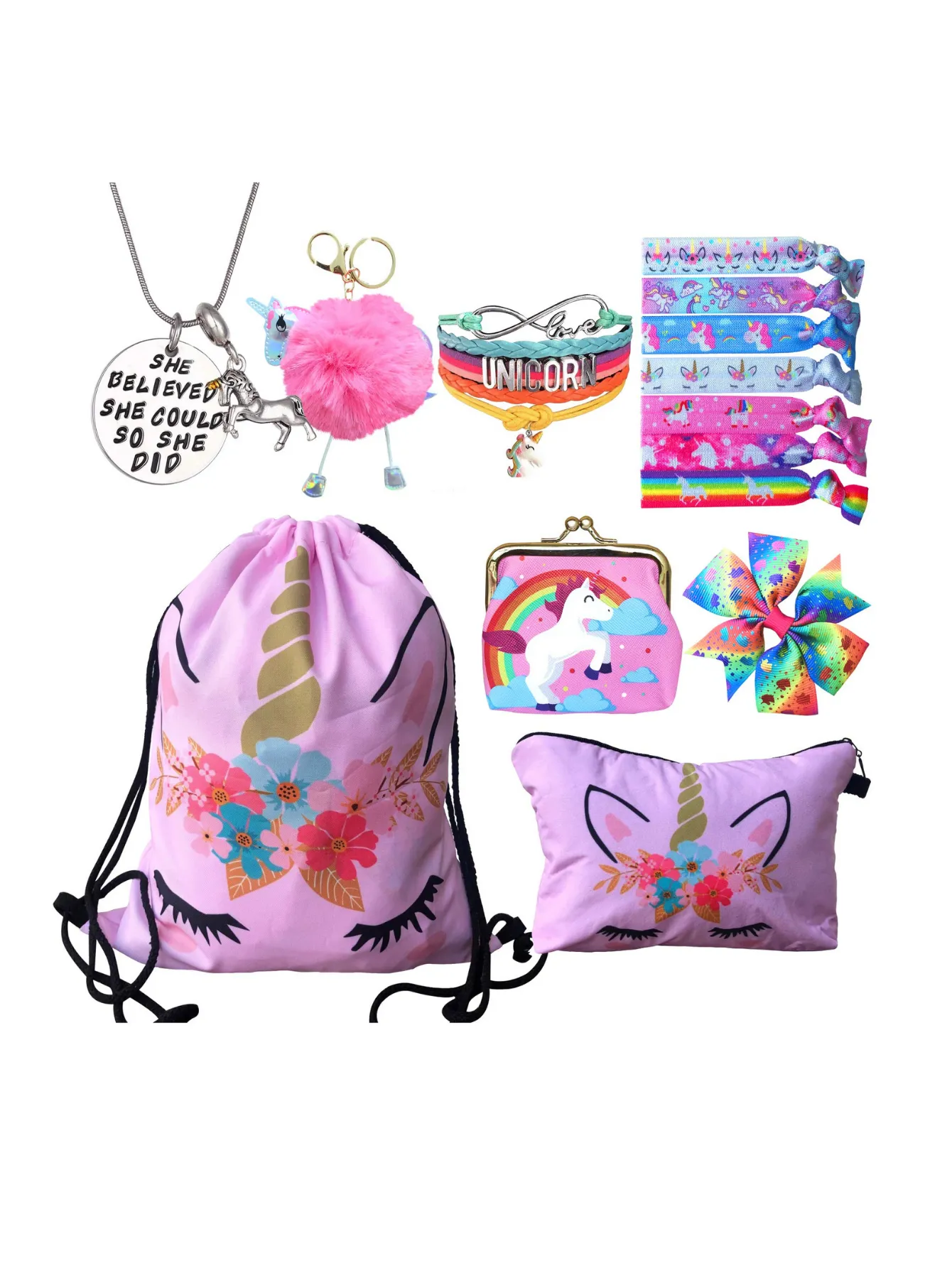 Unicorn Gifts for Girls - Unicorn Drawstring Backpack/Makeup Bag/Bracelet/Necklace/Hair Ties/Keychain/Sticker (Pink Flower 3)