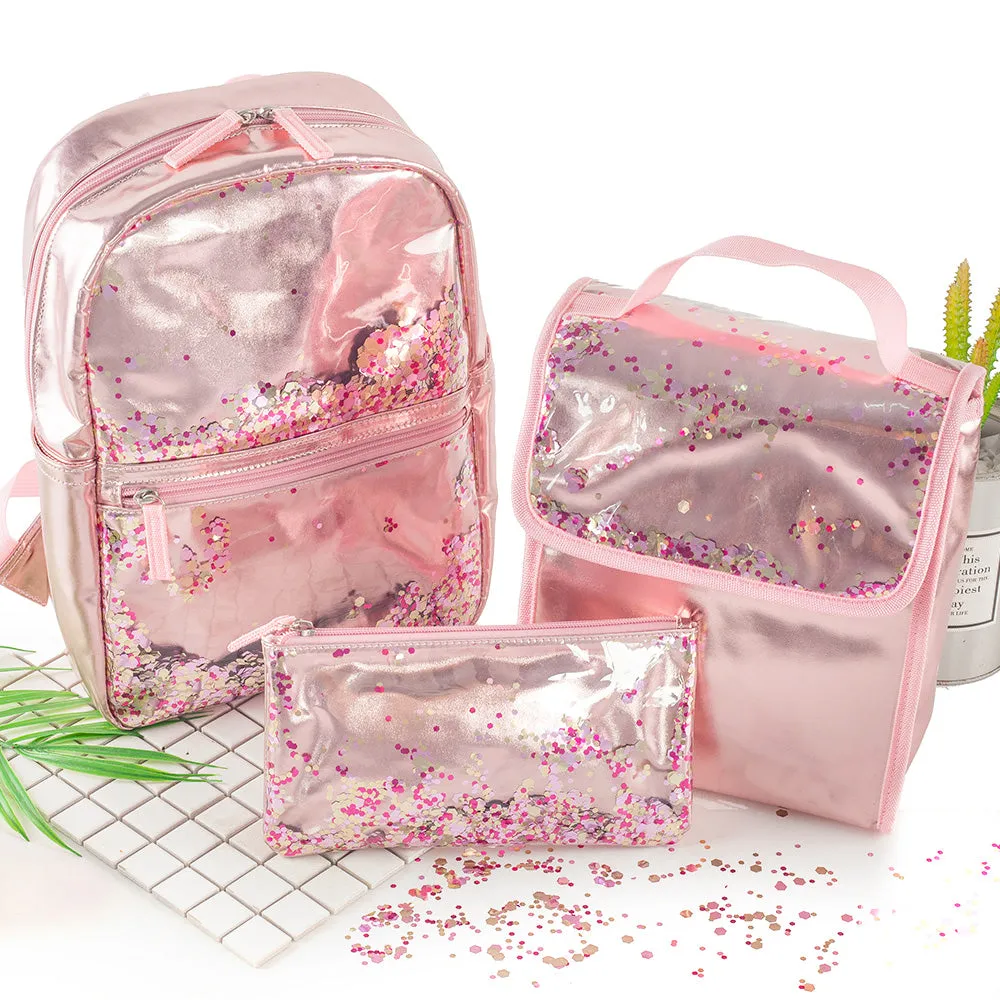 Viva Terry Girl's 3 in 1 Shaky Glitter Backpack Set With Lunch Bag, Pencil Case