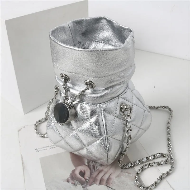 Womens Quilted Leather Mini Drawstring Bucket Bag