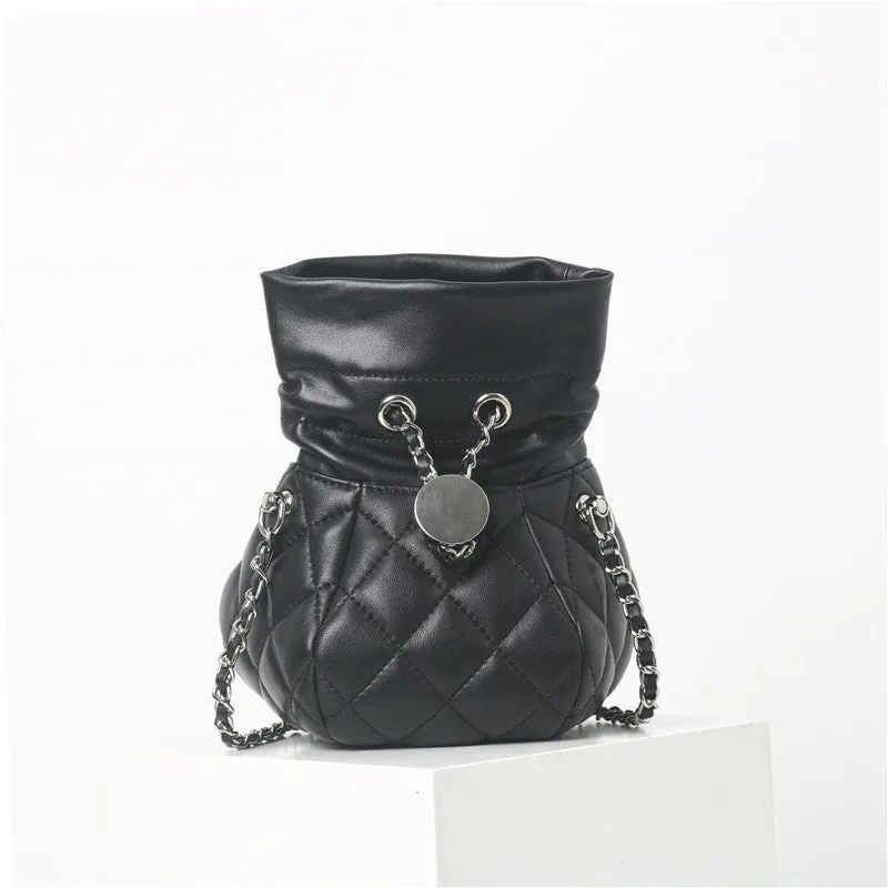 Womens Quilted Leather Mini Drawstring Bucket Bag