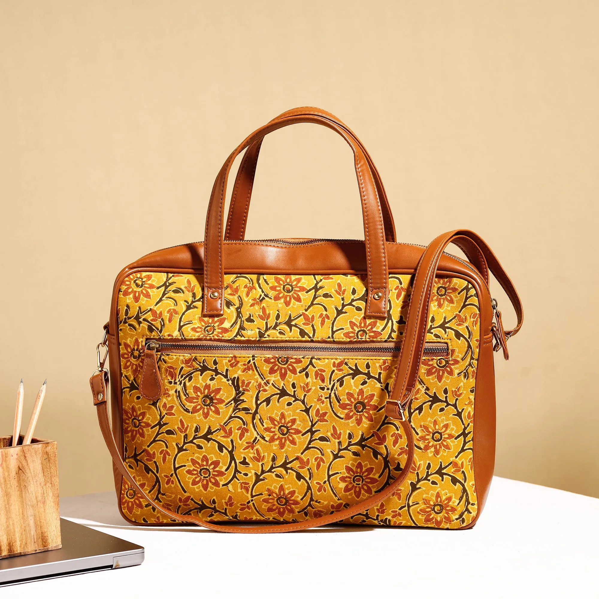 Yellow - Handcrafted Ajrakh Block Printed Cotton Laptop Bag (15 x 13 in)