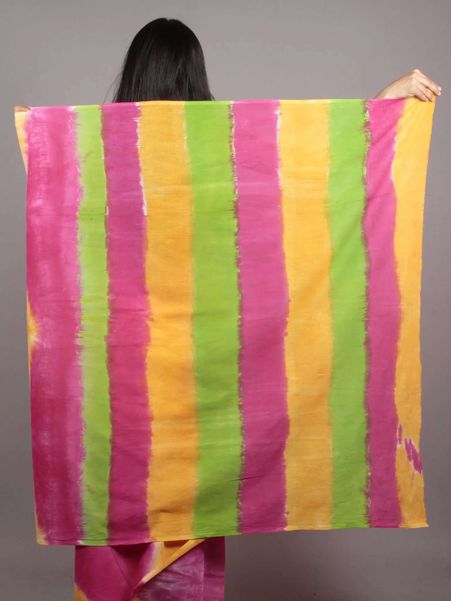 Yellow Pink Green Hand Shibori Dyed Cotton Saree - S031701571