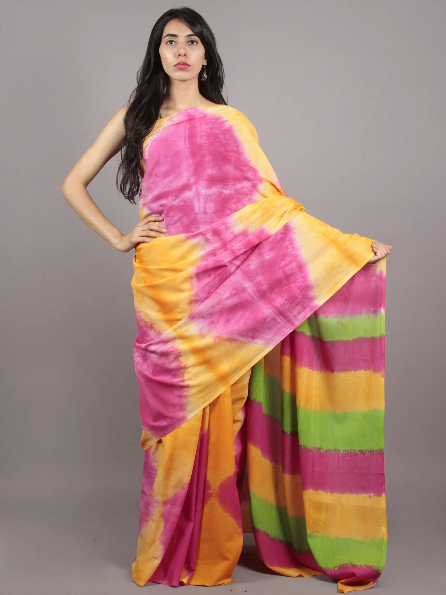 Yellow Pink Green Hand Shibori Dyed Cotton Saree - S031701571